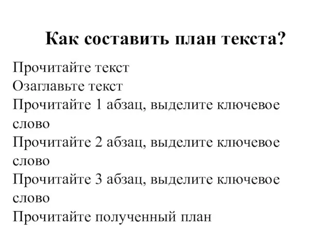 Как составить план текста? Прочитайте текст Озаглавьте текст Прочитайте 1 абзац, выделите