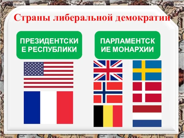 Страны либеральной демократии ПРЕЗИДЕНТСКИЕ РЕСПУБЛИКИ ПАРЛАМЕНТСКИЕ МОНАРХИИ