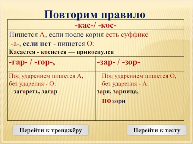 Повторим правило Перейти к тренажёру Перейти к тесту