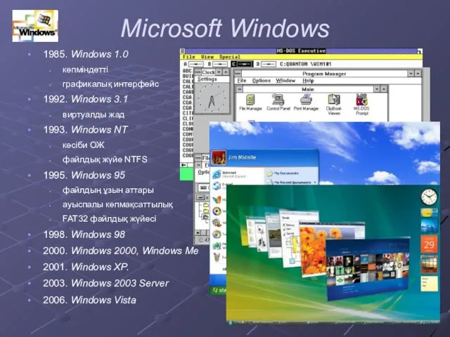 Microsoft Windows 1985. Windows 1.0 көпміндетті графикалық интерфейс 1992. Windows 3.1 виртуалды