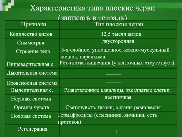 Характеристика типа плоские черви (записать в тетрадь) Признаки Тип плоские черви Количество