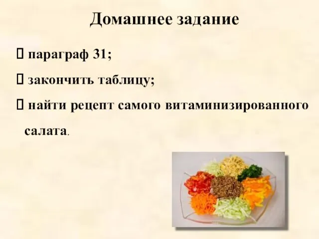 Домашнее задание параграф 31; закончить таблицу; найти рецепт самого витаминизированного салата.