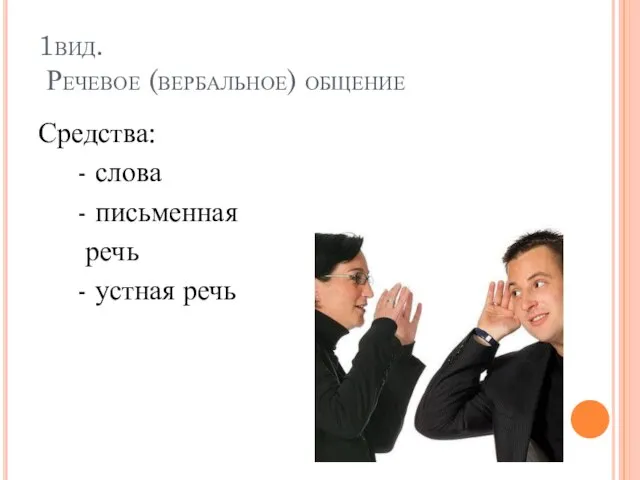 1вид. Речевое (вербальное) общение Средства: - слова - письменная речь - устная речь