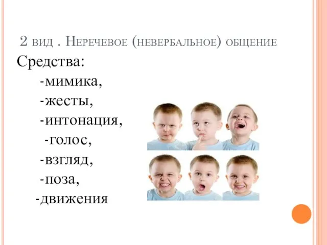 2 вид . Неречевое (невербальное) общение Средства: -мимика, -жесты, -интонация, -голос, -взгляд, -поза, -движения