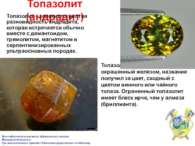 Топазолит (андрадит) Топазолит – золотисто-желтая разновидность андрадита, которая встречается обычно вместе с