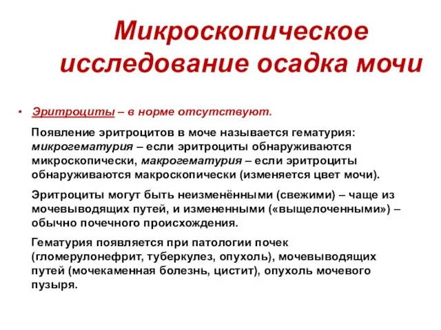 Микроскопическое исследование осадка мочи Эритроциты – в норме отсутствуют. Появление эритроцитов в