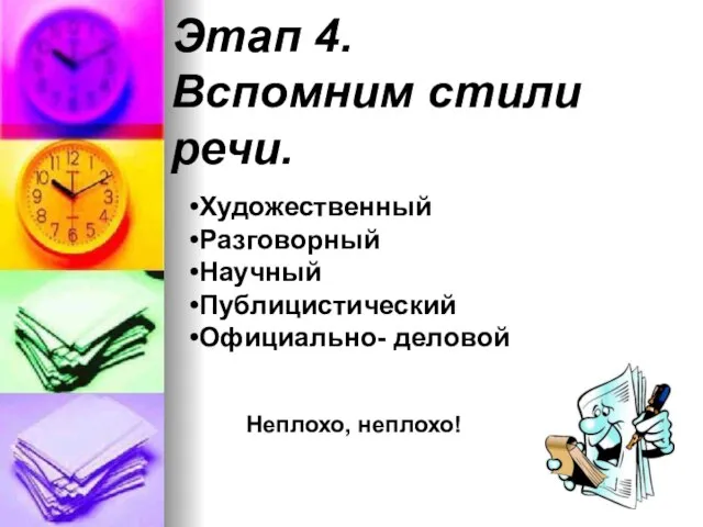 Этап 4. Вспомним стили речи. Художественный Разговорный Научный Публицистический Официально- деловой Неплохо, неплохо!