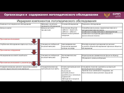 Организация и содержание логопедического обследования Иерархия компонентов логопедического обследования