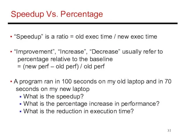 Speedup Vs. Percentage “Speedup” is a ratio = old exec time /