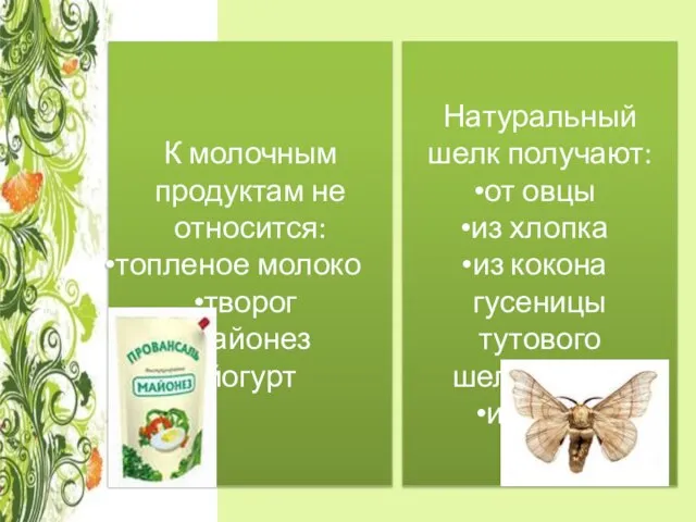 К молочным продуктам не относится: топленое молоко творог майонез йогурт Натуральный шелк