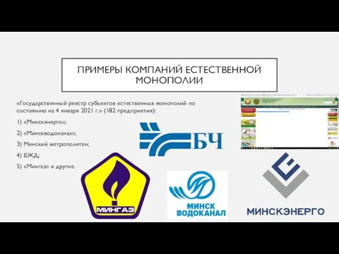 ПРИМЕРЫ КОМПАНИЙ ЕСТЕСТВЕННОЙ МОНОПОЛИИ «Государственный реестр субъектов естественных монополий по состоянию на