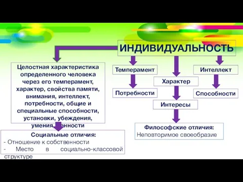 ИНДИВИДУАЛЬНОСТЬ Интеллект Способности Темперамент Характер Потребности Интересы Целостная характеристика определенного человека через