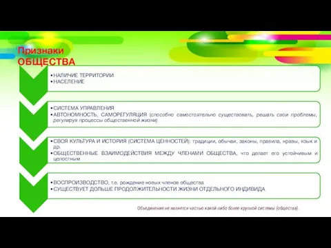 Признаки ОБЩЕСТВА Объединение не является частью какой-либо более крупной системы (общества).