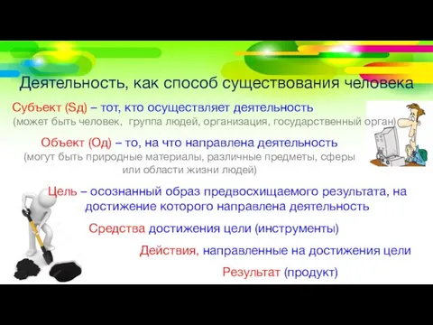 Деятельность, как способ существования человека Субъект (Sд) – тот, кто осуществляет деятельность