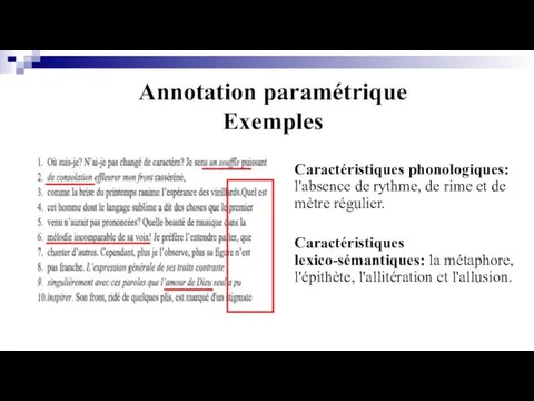 Annotation paramétrique Exemples Caractéristiques phonologiques: l'absence de rythme, de rime et de