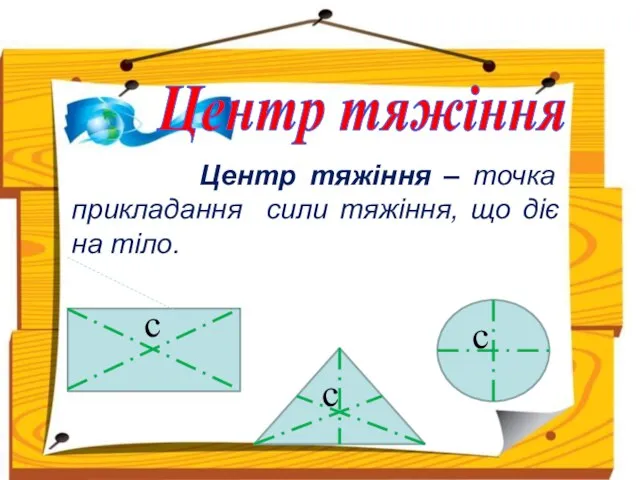 Центр тяжіння Центр тяжіння – точка прикладання сили тяжіння, що діє на тіло. с с с