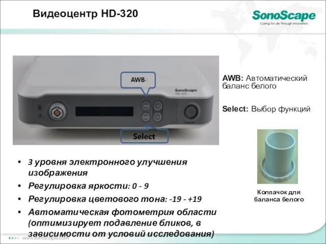 Видеоцентр HD-320 AWB: Автоматический баланс белого Select: Выбор функций Колпачок для баланса