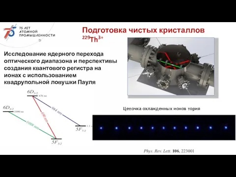 Подготовка чистых кристаллов 229Th3+ Phys. Rev. Lett. 106, 223001 Исследование ядерного перехода