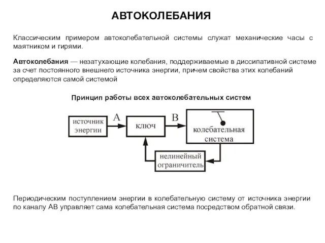 АВТОКОЛЕБАНИЯ Принцип работы всех автоколебательных систем Периодическим поступлением энергии в колебательную систему