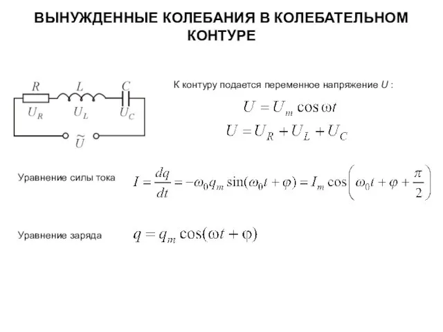 К контуру подается переменное напряжение U : ВЫНУЖДЕННЫЕ КОЛЕБАНИЯ В КОЛЕБАТЕЛЬНОМ КОНТУРЕ