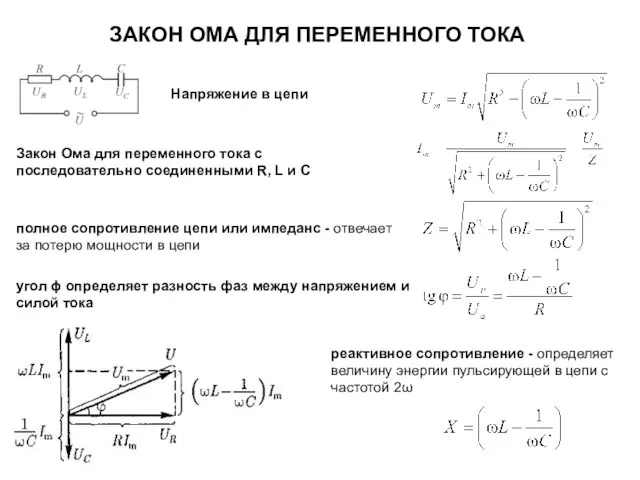 ЗАКОН ОМА ДЛЯ ПЕРЕМЕННОГО ТОКА Напряжение в цепи Закон Ома для переменного