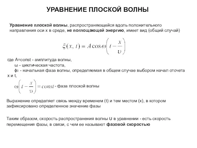 Уравнение плоской волны, распространяющейся вдоль положительного направления оси х в среде, не