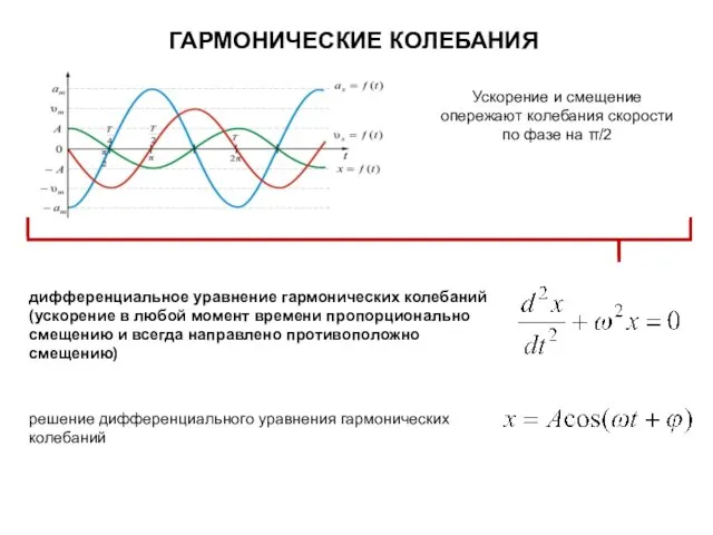 ГАРМОНИЧЕСКИЕ КОЛЕБАНИЯ решение дифференциального уравнения гармонических колебаний Ускорение и смещение опережают колебания