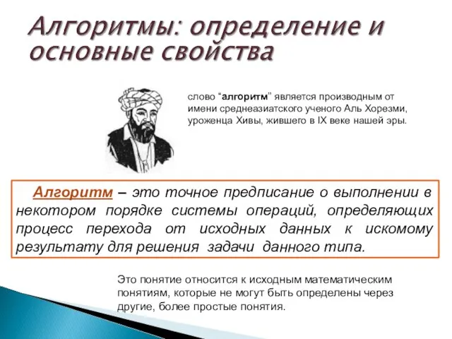 слово “алгоритм” является производным от имени среднеазиатского ученого Аль Хорезми, уроженца Хивы,