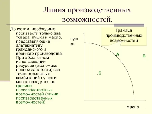 Линия производственных возможностей. Допустим, необходимо произвести только два товара; пушки и масло,