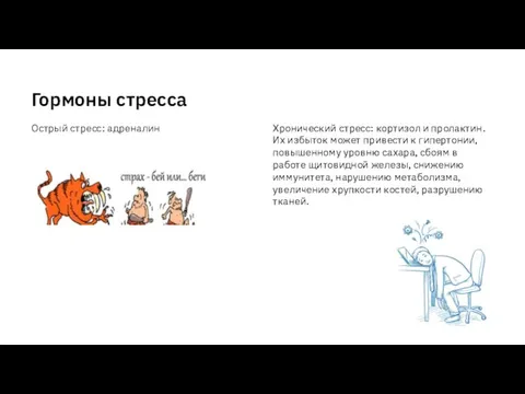 Гормоны стресса Острый стресс: адреналин Хронический стресс: кортизол и пролактин. Их избыток