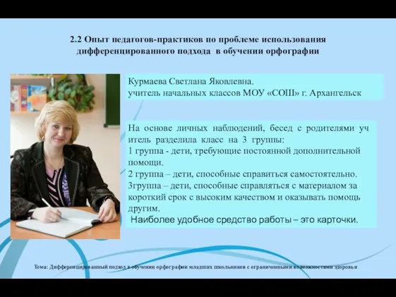 2.2 Опыт педагогов-практиков по проблеме использования дифференцированного подхода в обучении орфографии Тема: