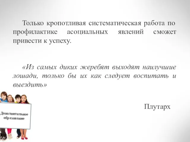 Дополнительное образование Только кропотливая систематическая работа по профилактике асоциальных явлений сможет привести