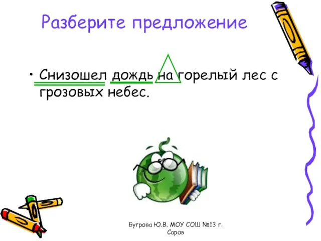 Бугрова Ю.В. МОУ СОШ №13 г.Саров Разберите предложение Снизошел дождь на горелый лес с грозовых небес.