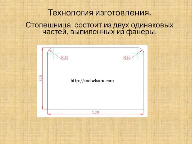 Технология изготовления. Столешница состоит из двух одинаковых частей, выпиленных из фанеры.