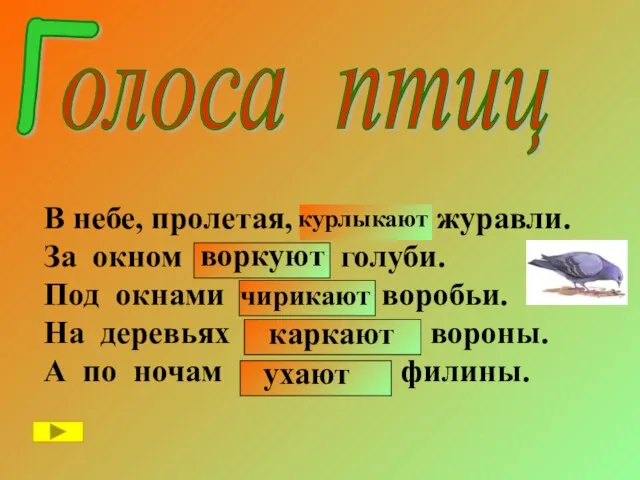 Г олоса птиц В небе, пролетая, ухают журавли. За окном каркают голуби.