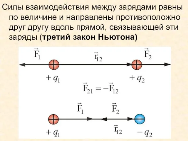 Силы взаимодействия между зарядами равны по величине и направлены противоположно друг другу
