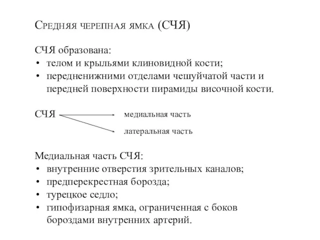 Средняя черепная ямка (СЧЯ) СЧЯ образована: телом и крыльями клиновидной кости; передненижними