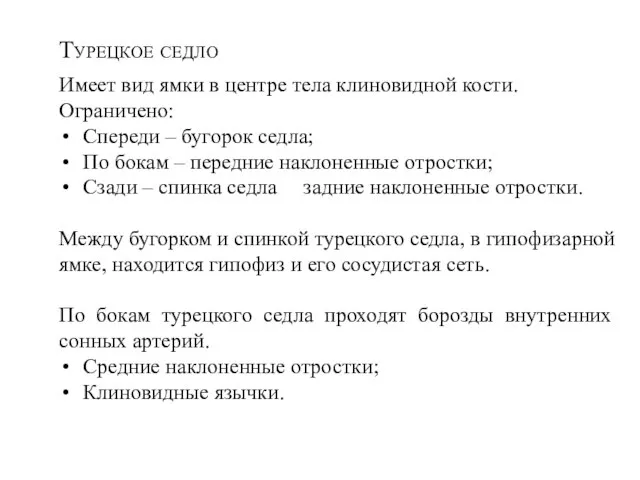 Турецкое седло Имеет вид ямки в центре тела клиновидной кости. Ограничено: Спереди