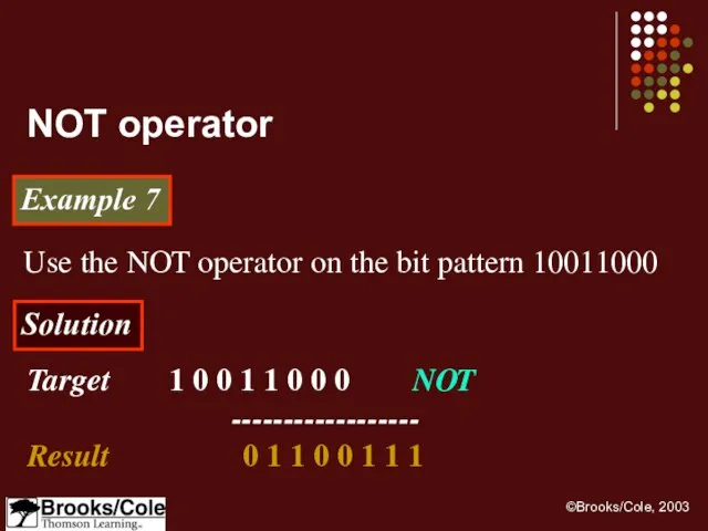 Example 7 Use the NOT operator on the bit pattern 10011000 Solution