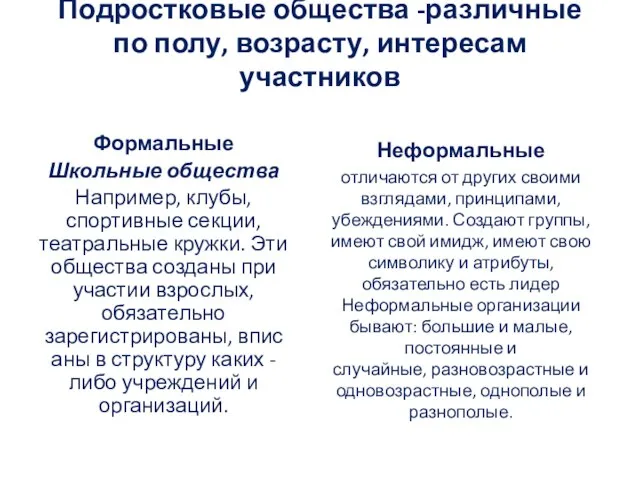 Подростковые общества -различные по полу, возрасту, интересам участников Формальные Школьные общества Например,