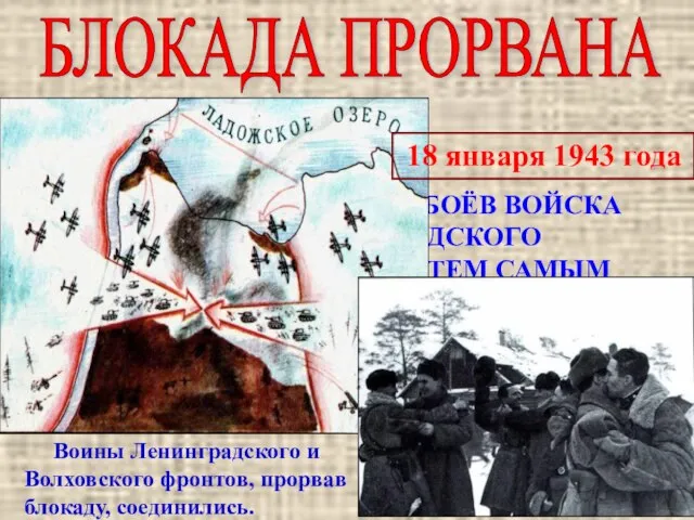 БЛОКАДА ПРОРВАНА Воины Ленинградского и Волховского фронтов, прорвав блокаду, соединились. « …