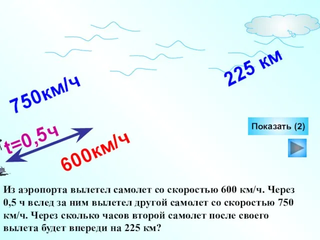 Показать (2) Из аэропорта вылетел самолет со скоростью 600 км/ч. Через 0,5