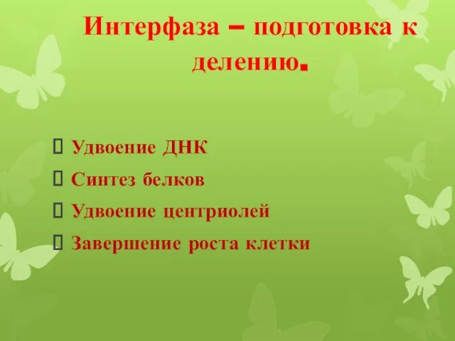 Удвоение ДНК Синтез белков Удвоение центриолей Завершение роста клетки Интерфаза – подготовка к делению.