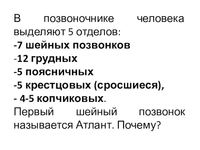 В позвоночнике человека выделяют 5 отделов: -7 шейных позвонков -12 грудных -5