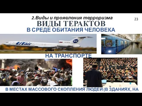 2.Виды и проявления терроризма ВИДЫ ТЕРАКТОВ НА ТРАНСПОРТЕ В МЕСТАХ МАССОВОГО СКОПЛЕНИЯ