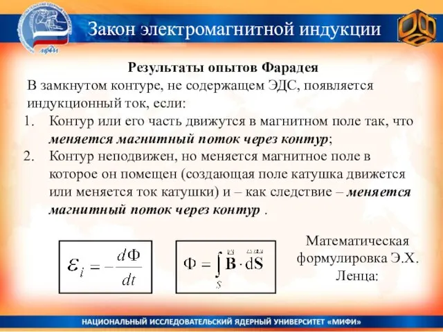 Закон электромагнитной индукции Результаты опытов Фарадея В замкнутом контуре, не содержащем ЭДС,