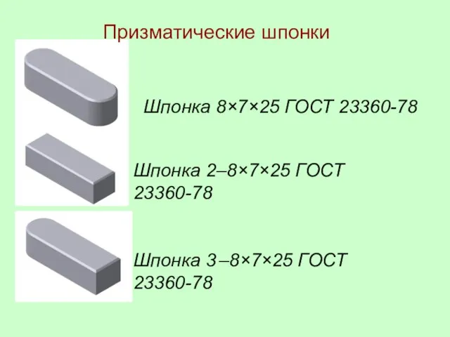 Шпонка 8×7×25 ГОСТ 23360-78 Шпонка 2–8×7×25 ГОСТ 23360-78 Шпонка 3 –8×7×25 ГОСТ 23360-78 Призматические шпонки