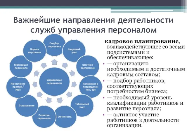 Важнейшие направления деятельности служб управления персоналом кадровое планирование, взаимодействующее со всеми подсистемами