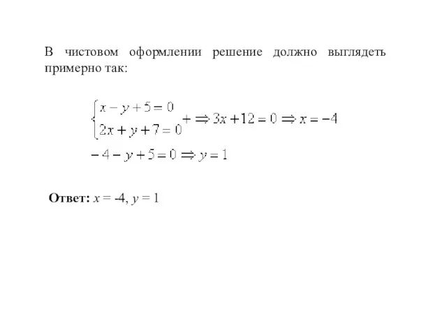 В чистовом оформлении решение должно выглядеть примерно так: Ответ: x = -4, y = 1