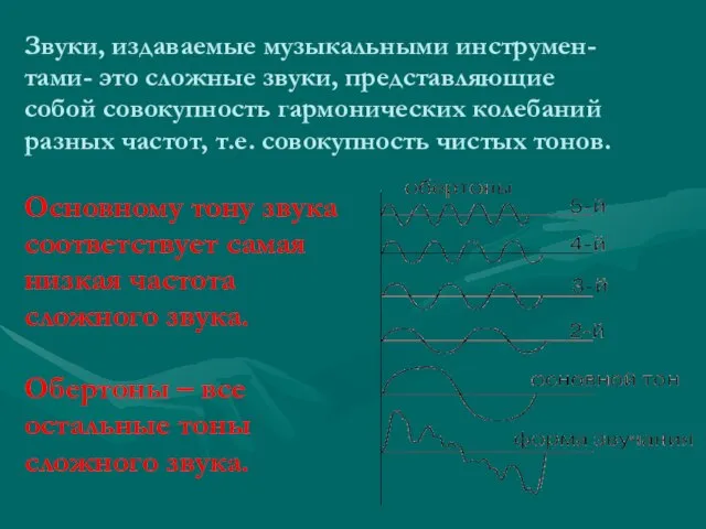 Звуки, издаваемые музыкальными инструмен- тами- это сложные звуки, представляющие собой совокупность гармонических